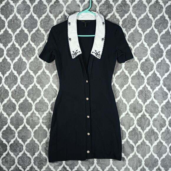 Maje Dress Womens 34 Black Detachable Collar Pearl Buttons Ribbed Knit - Picture 1 of 15